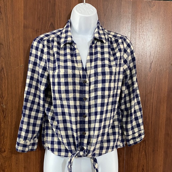 Navy Plaid Button-Up Women's Top by Cathy - Picture 1 of 8